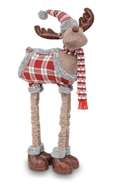 A moose with a plaid scarf is displayed on a white background.