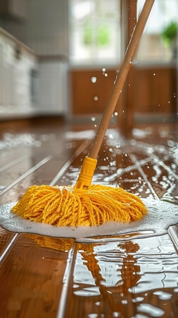 Mop and Broom on Tiled Floor