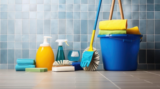 A mop and bucket on a tiled floor with cleaning supplies and a pair of blue rubber gloves