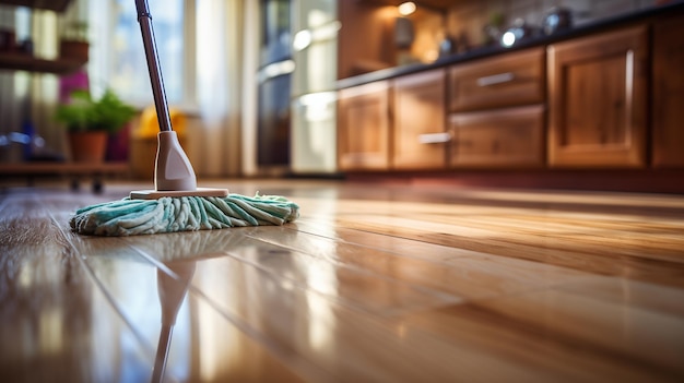 A mop gliding across gleaming kitchen floors