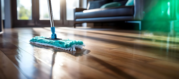 a mop is cleaning a wooden floor