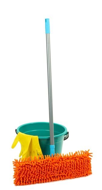 Mop plastic bucket and rubber gloves isolated on white