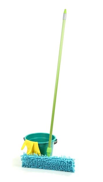 Photo mop plastic bucket and rubber gloves isolated on white