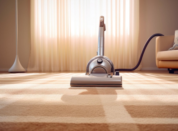 Mop vacuum cleaner cleans carpets on the floor in the living room