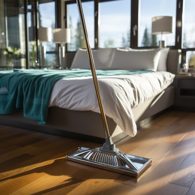 A mop on a wooden floor and an unlit bedroom