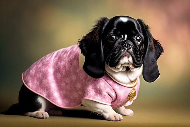 Mops wearing a regal dress Pet portrait in clothing Dog fashion
