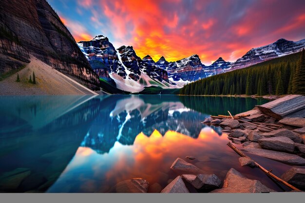 Moraine lake at sunset Banff National Park Alberta Canada Taken at the peak of color during the morning sunrise at Moraine Lake in Banff National Park AI Generated