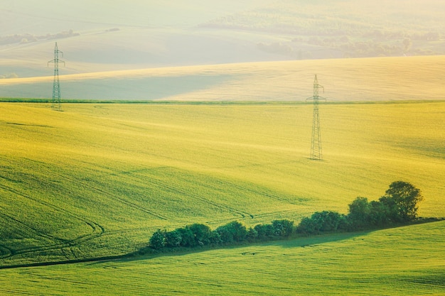 Moravisch zomer glooiend landschap met twee hoogspanningslijnen toren Moravië Tsjechië