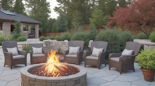 Morden outdoor patio with a fire pit comfortable seating place