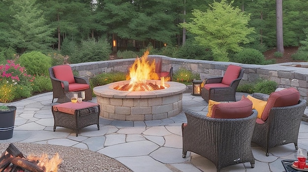 Morden outdoor patio with a fire pit comfortable seating place