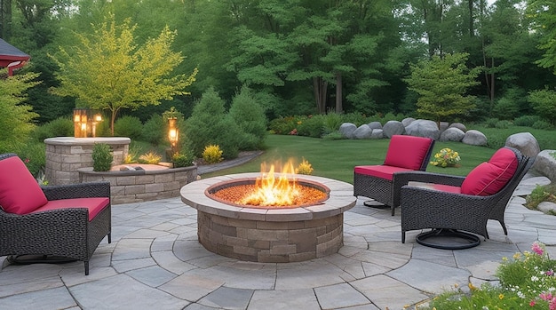 Morden outdoor patio with a fire pit comfortable seating place