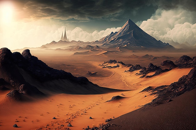 Mordor land of rolling dunes with distant view of the fiery mount doom