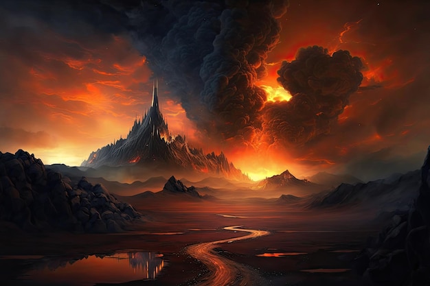 Mordor landscape with fiery sky and dark smoke columns in the background