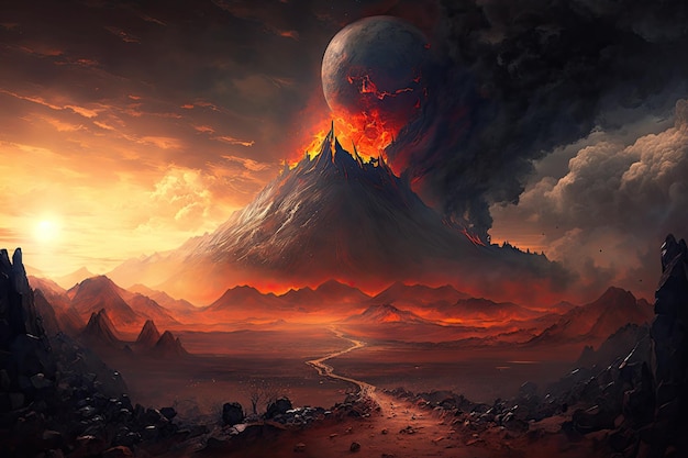 Mordor landscape with rolling hills and fiery mount doom in the distance