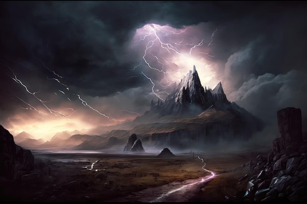 Mordor landscape with stormy sky lightning bolts and rolling clouds
