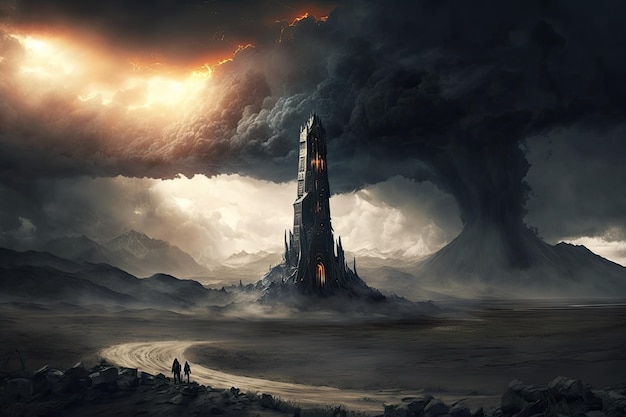 Mordor-landschap met toren en stormachtige lucht die de duistere krachten van het kwaad symboliseren