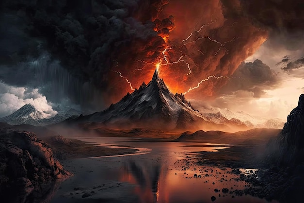 Mordor landschap met vurige berg op de achtergrond en naderende hevige storm