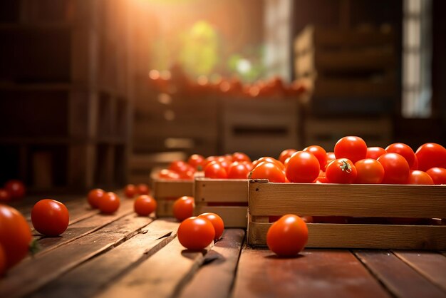 More tomatoes that are in wooden boxes