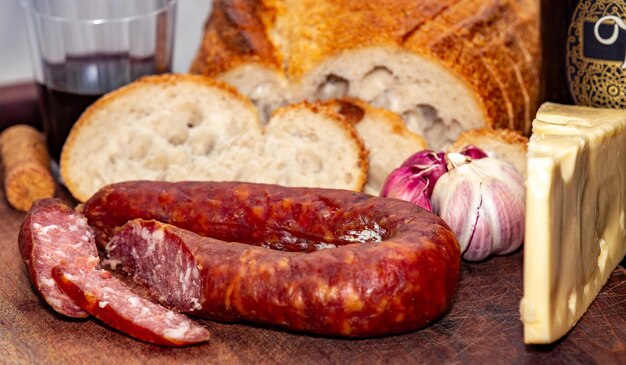 More traditional rustic Italian food bread salami cheese and wine