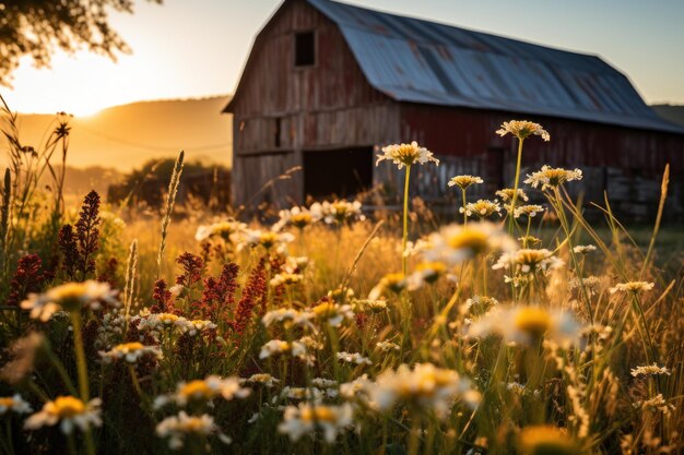 Morgen elegantie rustieke schuur tussen zonsopgang wilde bloemen prachtige zonsopgang beeld