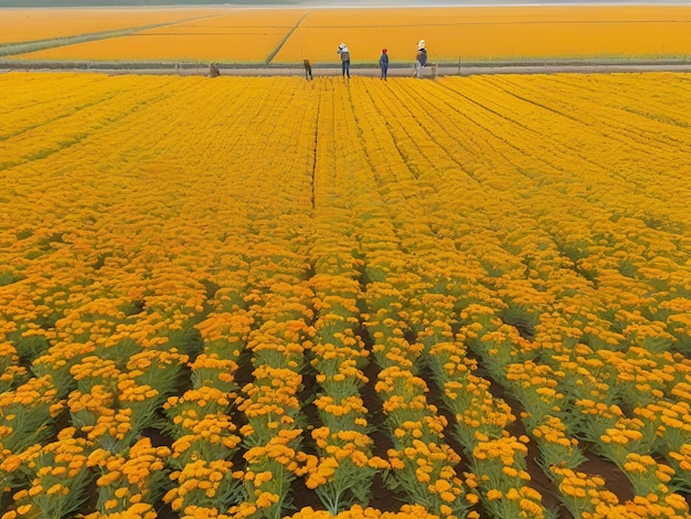 Morgen marigold veld van boven en er zijn tuinders water bloemen generatieve AI