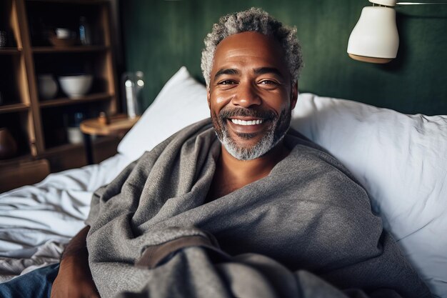 Morgenportret van een gelukkige Afro-Amerikaanse man van middelbare leeftijd Hij is gelukkig zelfverzekerd en klaar voor een nieuwe dag