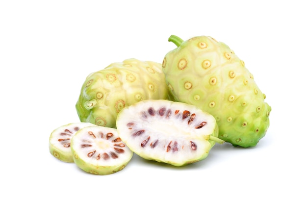 Morinda Citrifolia fruits on white background