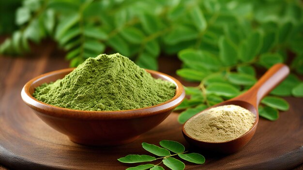 Moringa oliefera herb leaves oil and powder Used to treat anemia rheumatism cancer Generate AI