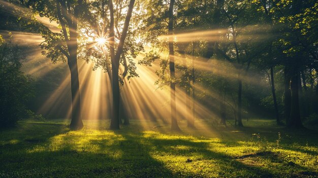 写真 朝の太陽の光線が木を貫通し 樹木から発射される