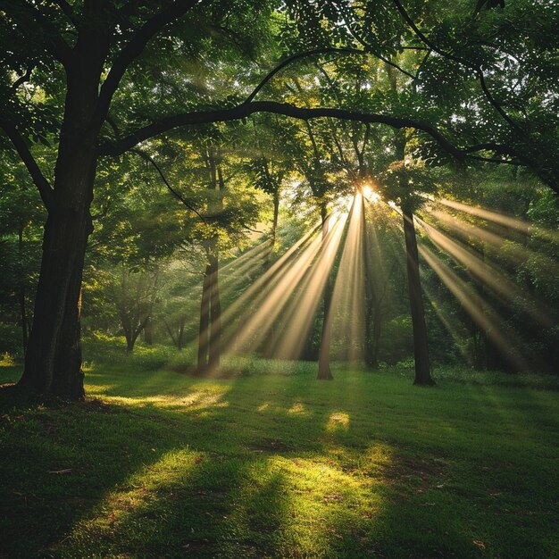 morinng sun light rays piercing through the tree generated by ai