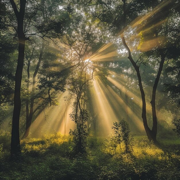 morinng sun light rays piercing through the tree generated by ai