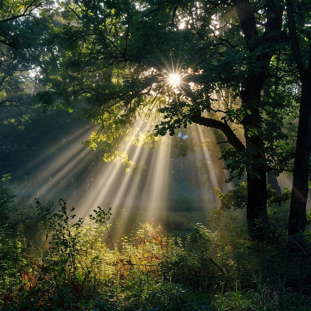아침의 빛 광선이 나무를 고 나온다.