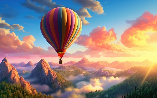 Утреннее приключение Красочный воздушный шар взлетает Генеративный ИИ