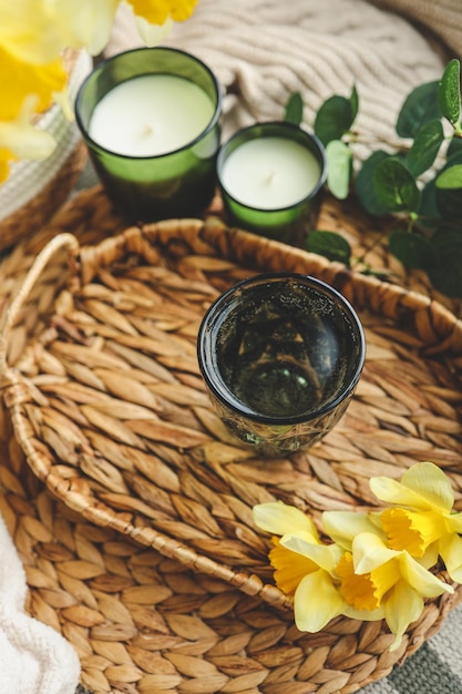 Morning aesthetic routune water glass bouquete and candles