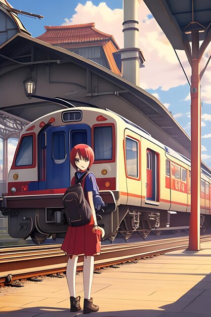 In the morning anime style atmosphere at the train station