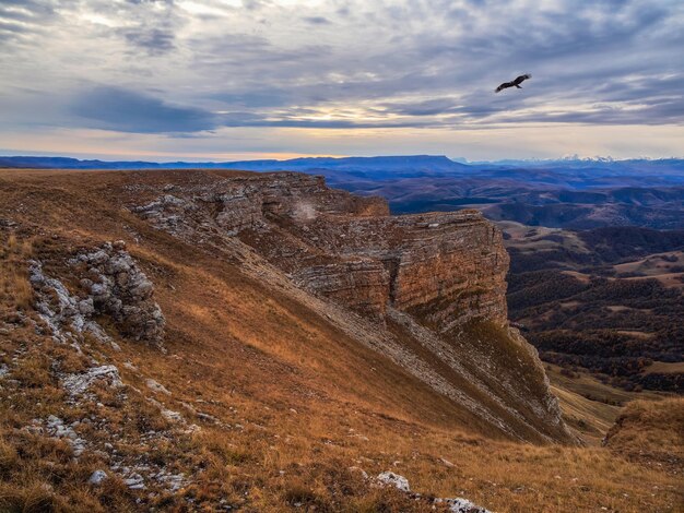 Morning autumn landscape with hills on high plateau and mountain range under dramatic cloudy sky The eagle hovers over the cliff Vivid early morning autumn colors in mountains