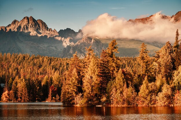 Morning autumn view on Lake Strbske pleso Strbske lake in High Tatras National Park Slovakia landscape Europe