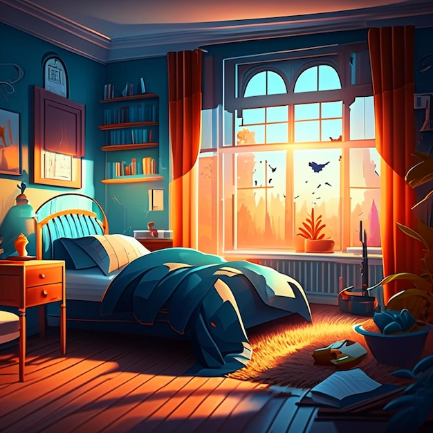 Morning bedroom in mess illustration of Interior living room scene background