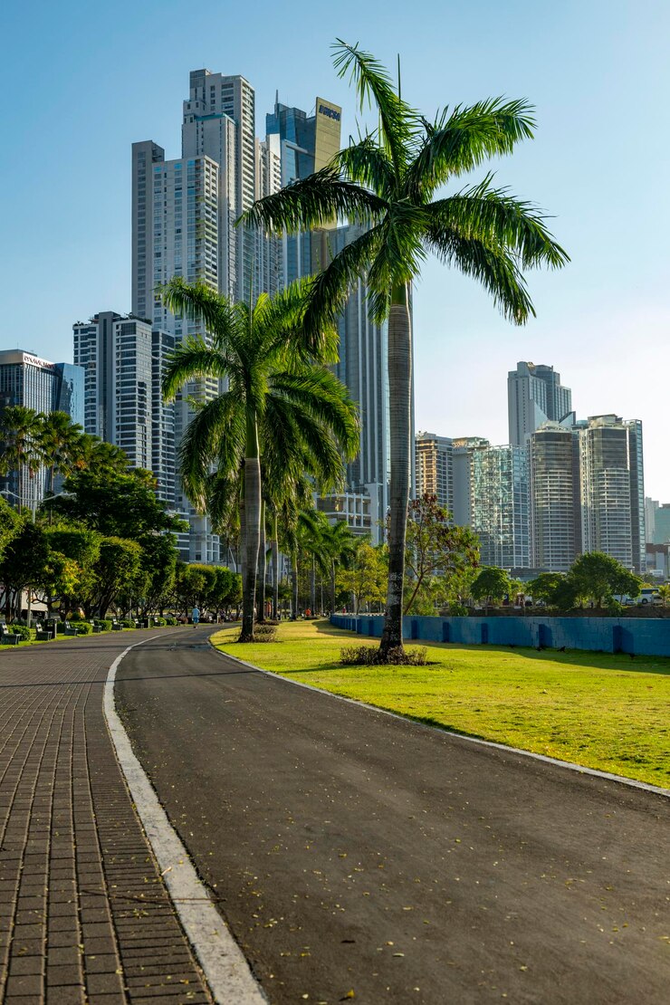 Morning beside Balboa avenue or Cinta Costera bayside road Panama Central America