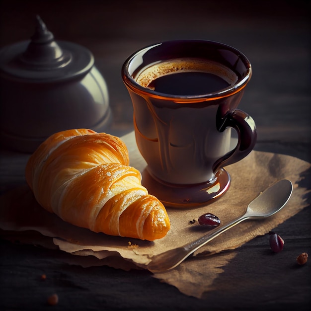 Morning Black Espresso Coffee with Croissant and Jam Generative AI