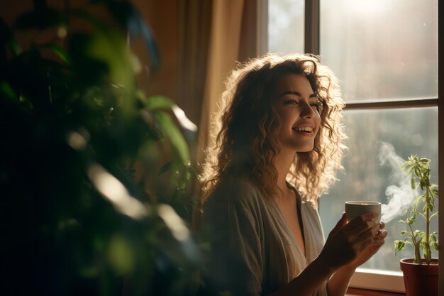 写真 モーニング・ブリス 窓のそばでコーヒーを味わっている幸せな若い女性