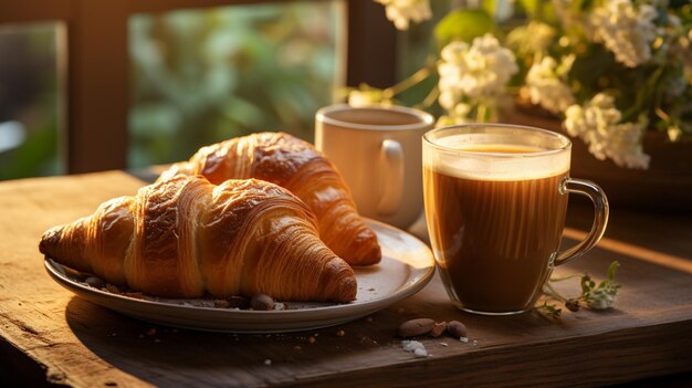 Foto morning bliss caffè fresco e croissant fatti in casa