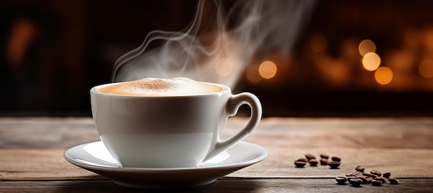 Morning bliss steaming cup of coffee on table bright shot with blurred background and text space