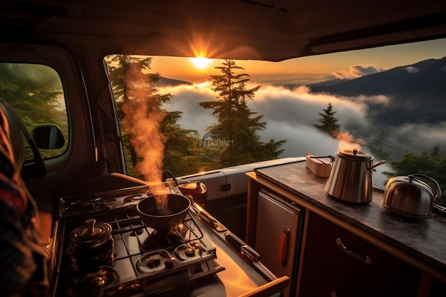 Morning Bliss Sunrise in the Van with Coffee Steam Generative Ai