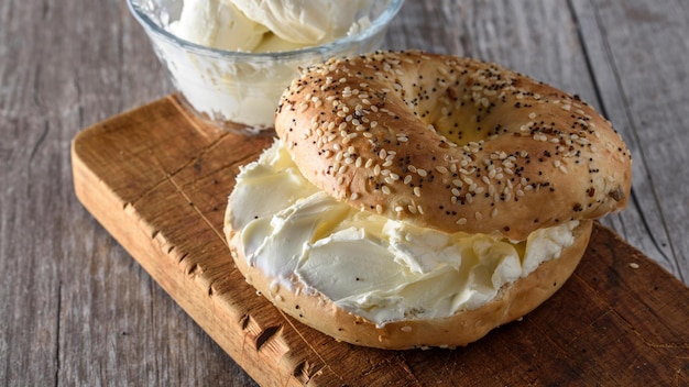 Morning Bliss Top CloseUp of Bagel with Cream Cheese in 4K