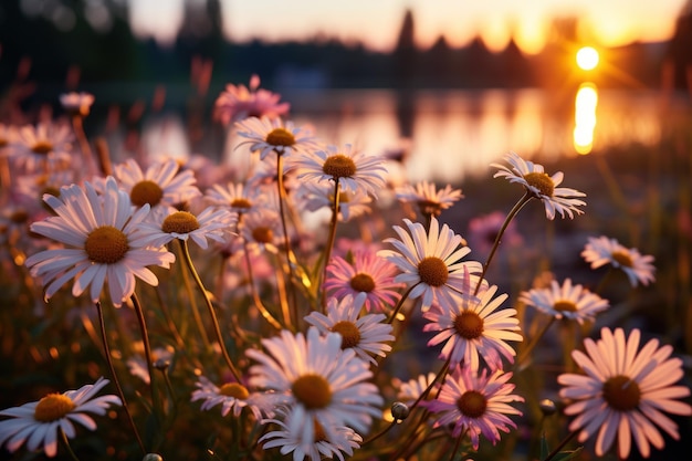 Photo morning blossom delicate daisies in first light sunrise landscape image