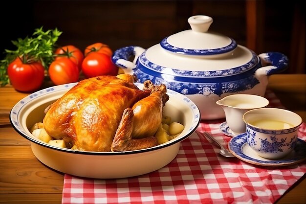 Morning Breakfast in Dining Room with Dutch Roast Chicken on the Wooden Table