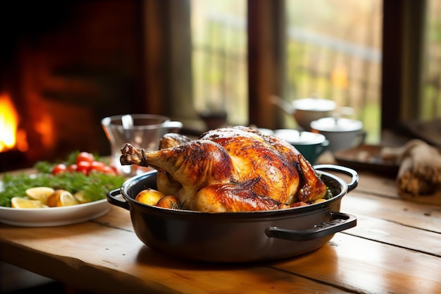 Foto colazione mattutina in sala da pranzo con pollo arrosto olandese sul tavolo di legno