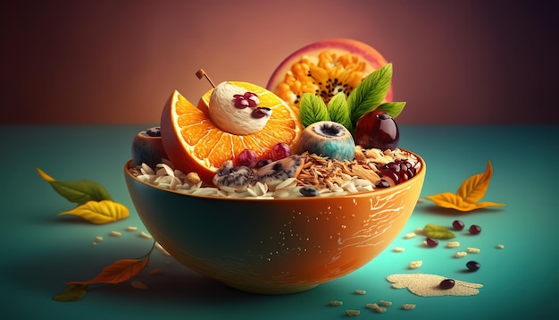 Утренний завтрак мюслиПищевой фонКонцепция здорового питанияЗдоровая веганская едаЗдоровая диета AI