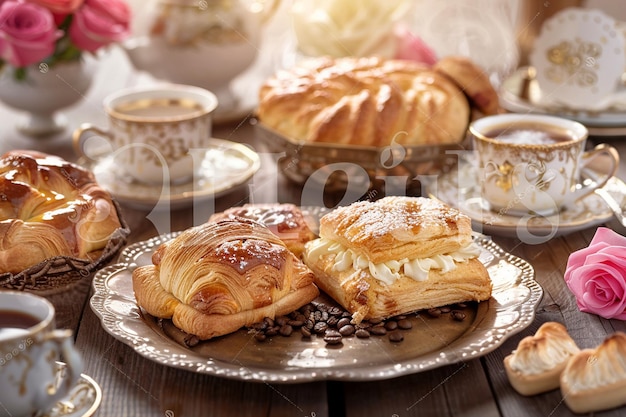 Morning breakfast spread featuring fresh coffee pastries and roses at sunrise